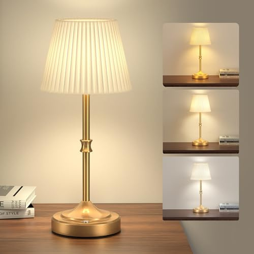 JACKYLED Tischlampe Kabellos, 5400mAh Tischlampe Akku, 3 Lichtfarben & Helligkeit Einstellbar,Led Tischlampen für Küche, Schlafzimmer, Wohnzimmer, LED Vintage Tischlampen (Gold) (Gold-A)