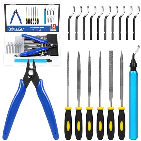 Glarks 19pcs Deburring Tool Kit, Includes 1pcs Deburring Cutter, 11pcs Heavy Duty BS1010 Deburring Blades, 1pcs Flush Cutter, 6pcs Different Types Needle Files for Resin,3D Printing