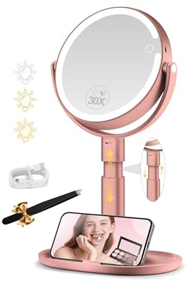 MOMOKUBA Kosmetikspiegel mit Beleuchtung, Vergrößerungsspiegel mit Licht 20fach, beidseitig beleuchteter Höhenverstellbarer Vergrößerungsspiegel, 3-Farb-Kosmetikspiegel, Roségold