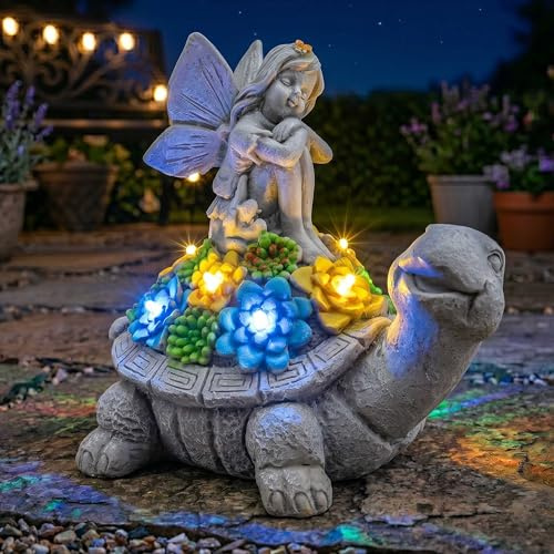 Décoration de jardin solaire en forme de tortue avec lumières LED – Lot de 1 – Statue de tortue d'extérieur de 20 cm avec plante succulente et fée sur le dos, figurine décorative pour terrasse, balcon
