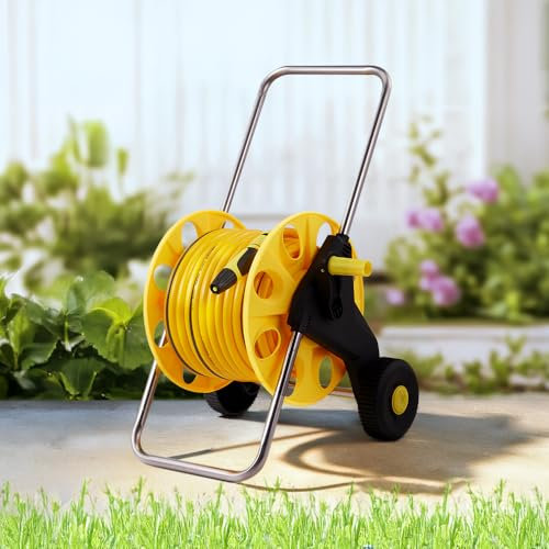 DKIEI Carrello avvolgitubo da giardino con tubo flessibile da 45 m e ugello spray regolabile, avvolgitubo portatile con 2 ruote, supporto retrattile per tubo autoportante per la pulizia del patio