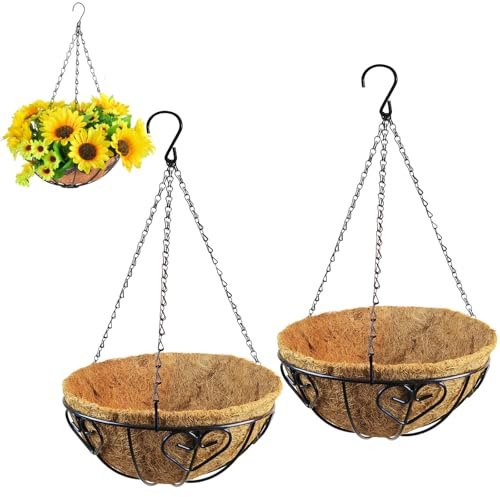 DUOHERESHUI 2 Stücke Blumenampel Kokos, Blumenampel Hängend Außen, Pflanzenampel Kokos, Hängender Pflanzkorb, Metall, mit Kette, Als Hängeampel Für den Indoor und Outdoor Pflanzenanbau, 10 inch D