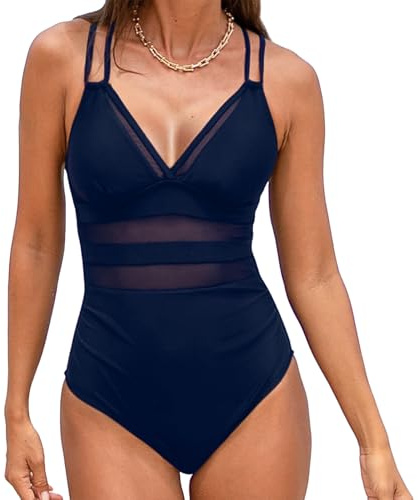 TcIFE Bañadores Mujer Reductor Barriga – Traje de Baño de Una Pieza Push Up Cuello en V y Malla, Espalda Cruzada Ajustable
