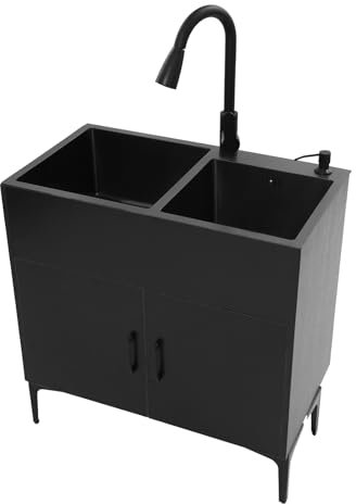 Lavello da cucina autoportante, lavello per bucato con armadio in legno, lavello in acciaio inox con doppia vasca, lavello a 2 vasche con rubinetto estraibile, scolapiatti, dispenser di sapone (nero