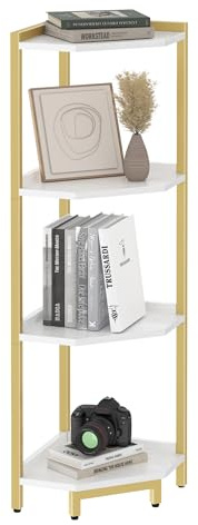 Hzuaneri Eckregal, 4-stöckiges Bücherregal, Standregal, Lagerregal, Eck-Bücherregal, Geeignet für Wohnzimmer, Arbeitszimmer und Büro, 30 x 30 x 104,5 cm, Weiß-Gold CS05803A