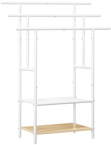 HOOBRO Porte-Serviettes sur Pieds, Range-Serviettes, avec 3 Barres, Support Salle de Bain, 2 étagères, Étendoir, pour Serviettes, Couvertures, Journaux, Blanc et Couleur Bois EWN05LB01