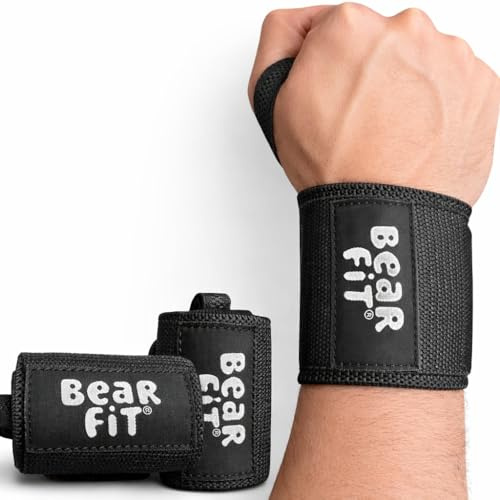 Bear Fit Gewichtheben Handgelenkbandagen für Fitnessstudio, Powerlifting & Krafttraining – robuste Handgelenkstützgurte für Bankdrücken, Kreuzheben & Bodybuilding – Einheitsgröße, Unisex (schwarz)