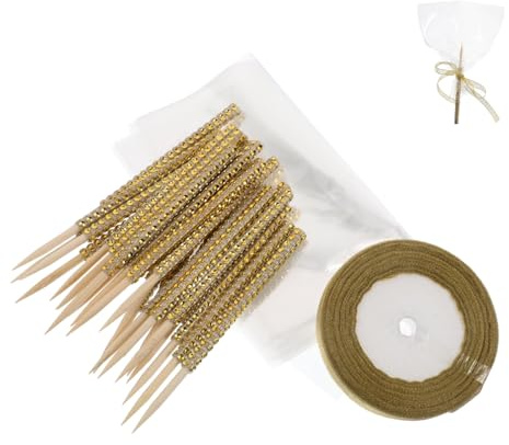 STOBAZA 24 Pièces Kit Bâtonnets Bambou Pailletés avec Ruban Décoratif Brillant Doré pour Sucettes Caramel et Chocolat pour Anniversaires et Créations