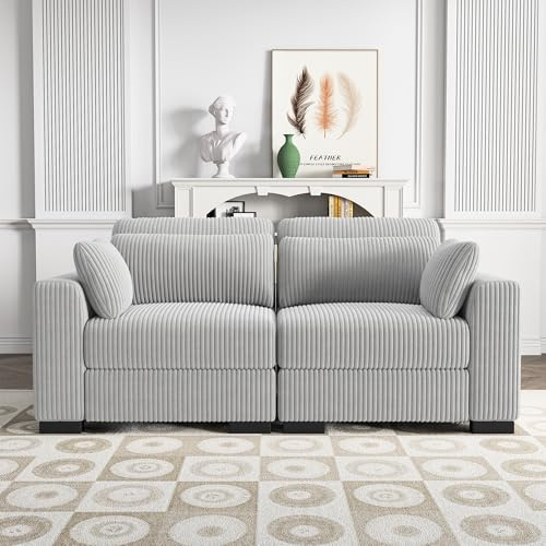 SUNFECILI 2-Sitzer Sofa aus Cordstoff, Couch mit Kissen und Breiten Armlehnen, verschiebbare Sitze, gepolsterte Sessel, modulares Wohnzimmersofa, für Wohnzimmer Schlafzimmer Büro (Grau, Loungesofa)