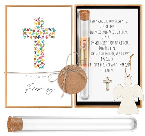 Hestya Firmung Geschenke für Mädchen Jungen Firmung Geldgeschenke für Jungen Mädchen mit Karte Reagenzglas Holz Engel Geldgeschenke Verpackung(Kreuz)