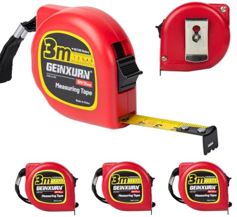 GEINXURN Set de 5 Rubans à Mesurer 3M, Boîtier en ABS, Lame en Acier, Rappel Automatique & Verrouillage, Ruban à Mesurer Robuste Avec Clip Ceinture et Dragonne pour Usage Privé et Industriel