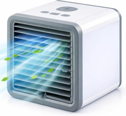 Luftkühler mit Wasserkühlung – Mini Klimaanlage ohne Abluftschlauch, Tischventilator leise 45 dB, USB Ventilator klein, Touch, 3 Stufen, LED-Licht, Verdunstungskühler für Büro & Schlafzimmer