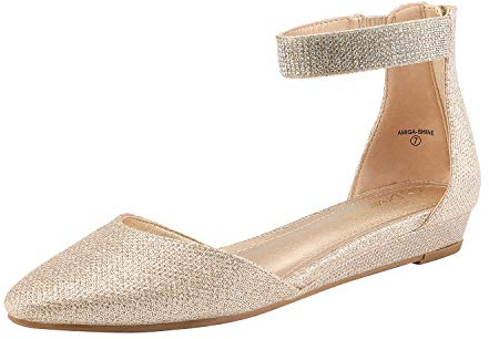 DREAM PAIRS Zapatos Planos cómodos de Vestir para Mujer con cuña Baja, Punta Redonda y Correa en el Tobillo,Size 41,Oro/Brillo,Amiga_Shine