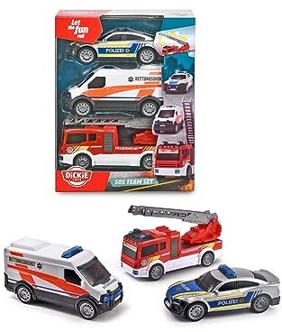 Dickie Toys SOS Team, 3er Spielset bestehend aus Rettungswagen, Polizei & Feuerwehrauto mit Wasserspritze, deutsche Version, ab 3 Jahren
