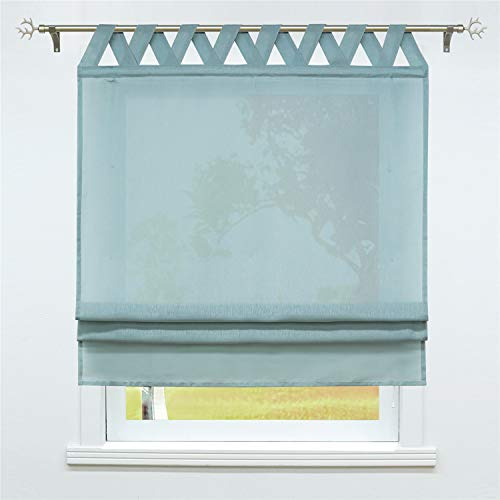SCHOAL Raffrollo mit Schlaufen Halbtransparente Raffgardine Landhaus Schlaufenrollo Gardinen Leinen 1 Stück BxH 80x140cm Blau-Grün