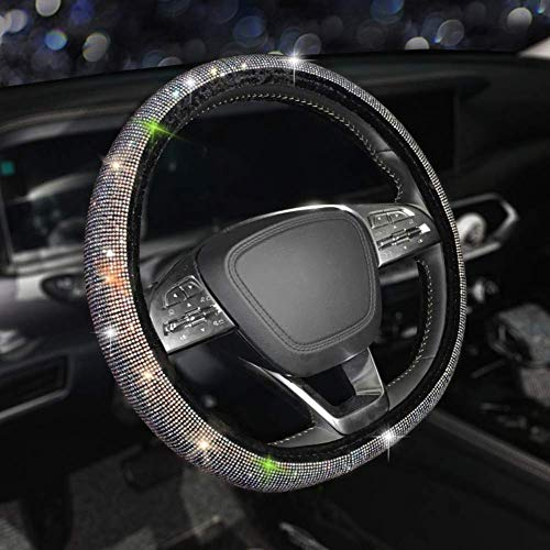 Herbests D-Form Auto Lenkradbezug, Bling Bling Diamanten Strass Mikrofaser Leder Lenkradbezug rutschfest Universal 38cm Lenkrad Abdeckung Auto Lenkradschutz Lenkradschoner Für Damen Mädchen,Silber