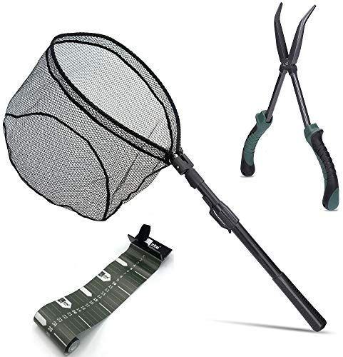 Zite Fishing Angelzubehör-Set - Haken-Lösezange 28cm Angeln - Fisch-Maßband Aufrollbar 120cm - Spinnfischen Kescher Gummiert & Faltbar