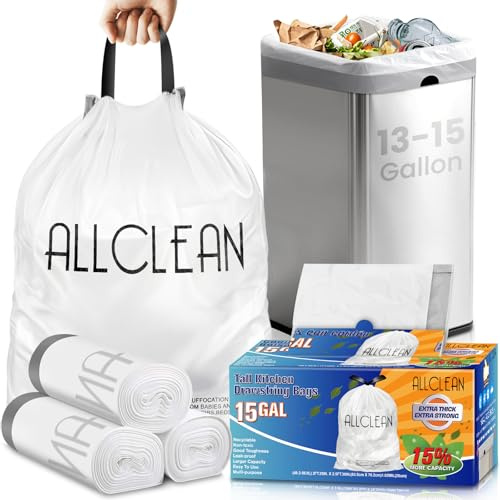 ALLCLEANbags Trash Bags 15 Gallon Tall Kitchen Drawstring Garbage Bags,Fit 13-15 Gal Bins,Extra Strong&Leak-Proof,Unscented&Recyclable Trash Can Liners for Home Office Industrial Bathroom Garden Lawn