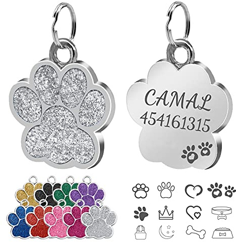 CAMAL Hundemarke mit Gravur Personalisierbar, Pfotenabdruckmotiv, 25mm, für Kleine bis Mittelgroße Hunde oder Katzen (Silber)