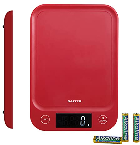 Salter 1067 RDDRA Balance de cuisine numérique - Balance alimentaire électronique d’une capacité de 5 kg, balance de cuisson avec fonction Tare, plate-forme ultra mince pour un rangement facile, rouge