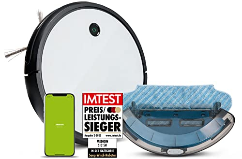 MEDION Robot aspirapolvere con funzione di scorrimento e navigazione intelligente S12 SW (2.100 Pa, forte spazzola centrale, controllo app Alexa, aspirazione parallelo, stazione di ricarica, peli di
