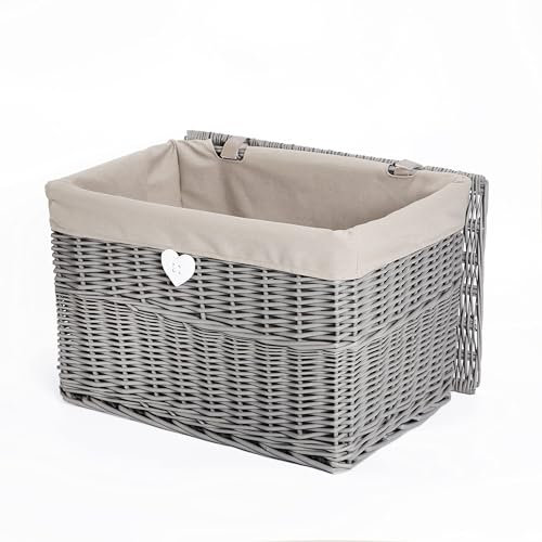 Wickerfield Large Home Storage Basket Trunk Chest Hamper with Lid and Cotton Liner, Grey (Large)