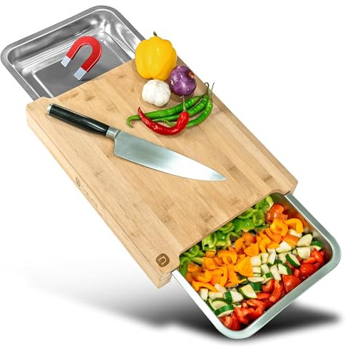 naturlik Schneidebrett XL mit magnetischen Auffangschalen - Hochwertiger FSC®-zertifizierter Bambus - Schneidebrett mit Auffangschale - Schneidebrett Holz - Holzbrett Küche - Praktische Küchenhilfe