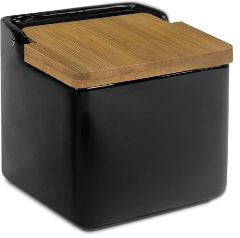 TIENDA EURASIA | Salero de Cocina de Cerámica con Tapa | Diseño Original y Moderno | Tapa de Material de Bambú | Color Negro Mate | Medida 12,2 x 12,2 x 11,5 cm | Fácil de Limpiar