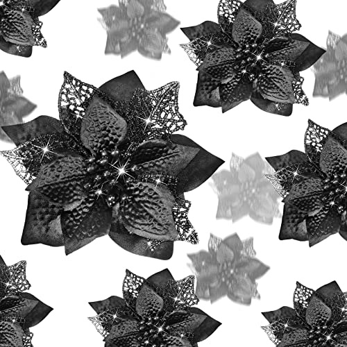 BOAO 24 Stück Weihnachten Glitzer Weihnachtsstern Blumen Künstliche Xmas Blumen Hochzeit Weihnachtsbaum Neujahr Ornamente (Schwarz)
