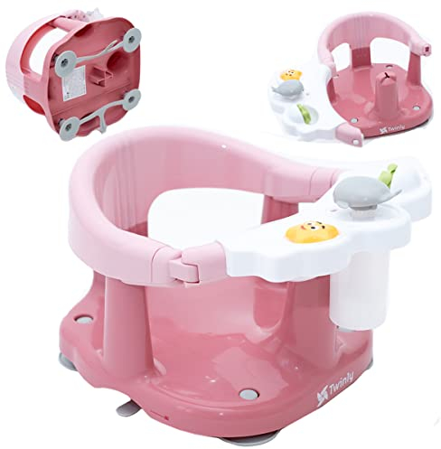 Twinly – Baby-Badesitz – Badestuhl mit Rückenlehne – Sicherheitsbügel zum Öffnen und 4 große Sicherheitssaugnäpfe – inklusive 3 Spielzeugen (Pink)
