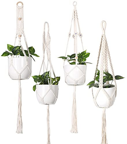 SEIWEI Pflanzenaufhänger, Makramee-Pflanzenaufhänger, Makramee, 105 cm, Wandbehang, Übertopf, Deckenpflanzen für Innenbereich, Blumen, Terrasse, Decke, Pflanzenhalter (Q-T), 4 Stück