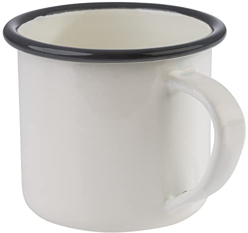APS 98668 Henkelbecher 2er Set -EMAILLE- für 0,35 Liter, emaillierts Stahlblech, Farbe: cremeweiß mit grauem Rand