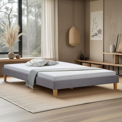 Homestyle4u Polsterbett 140x200 mit Matratze & Lattenrost, Grau | Futonbett-Stil ohne Kopfteil, Webstoff-Bezug, Außenmaße 144x203 cm, Rahmenhöhe 29,5 cm