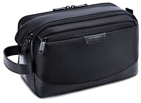 BAGSMART Kulturbeutel für Herren, Reise Kulturtasche Organizer aus Leder, Dopp Kit Wasserfester Rasierbeutel für Kulturzubehör, Schwarz