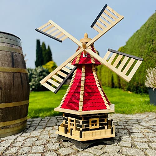 DARLUX handgearbeitete Sechseck Holz Garten Windmühle kugelgelagert XXL Holzschindel Natur Rot H=115 cm