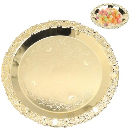 Tissting Rundes Tablett 20cm Gold Edelstahl Obsttablett Snack Teller Europäischen Stil Blumengravur Badezimmer Deko Tablett Schmucktablett für Home, Bar, Restaurant
