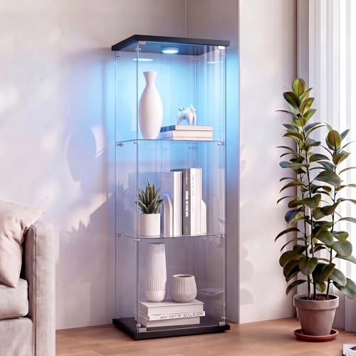 DADEA Glasvitrine 3 Etagen mit 1 Türen, Glasvitrine Stehend mit LED Beleuchtung und Schloss, Glasvitrinen Schrank Stehend Stand GlasvitrineAbschließbar Curio Schrank Glas Vitrine mit LED, Schwarz