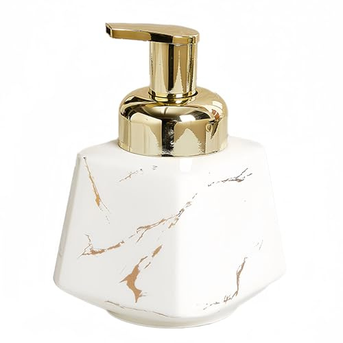 Dowbom Dispenser di sapone schiumoso in ceramica marmorizzata, dispenser di sapone in schiuma con pompa dorata, dispenser per schiuma manuale, per cucina da barthroom (bianco, 400 ml)