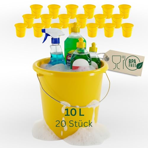 Novaliv 20 Stück Eimer 10L Gelb mit Maßeinteilung - Putzeimer 10 Liter ? 28,5 cm Praktischer Allrounder mit Skala für Haushalt & Garten ideal als Haushaltseimer, Wassereimer, Wischeimer, Bucket