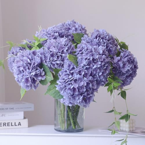 Buart Lot de 3 fleurs d'hortensia artificielles en soie à longue tige - Toucher réaliste - Violet - Pour mariage, fête de mariée, bureau, salon, décoration de table (53,3 cm)