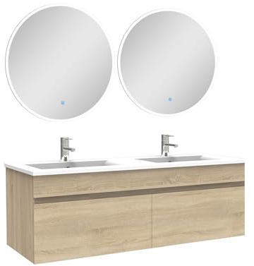 AICA Ensemble Meubles Salle de Bain Double Vasque 120cm + Miroir Rond Lumineux Chêne Wotan