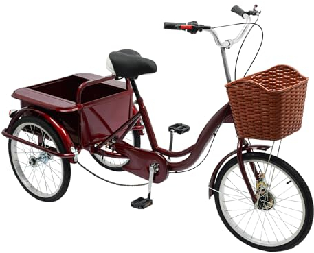 XUEMANSHOP Dreirad, 20 Zoll Dreirad für Erwachsene mit Heckladeraum und Vorderer Korb, Tragfähigkeit 150kg, Höhenverstellbar, Fahrrad Cruise Bikes für Reisen, Umzüge, Ausflüge