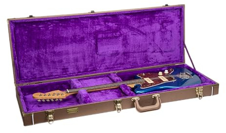 Crossrock Rectangular Wooden Electric Guitar Case for Jazzmaster & Jaguar | Chocolate Brown Finish, Purple Velvet Interior, Lock – Designer Series(CRW520JMCB)