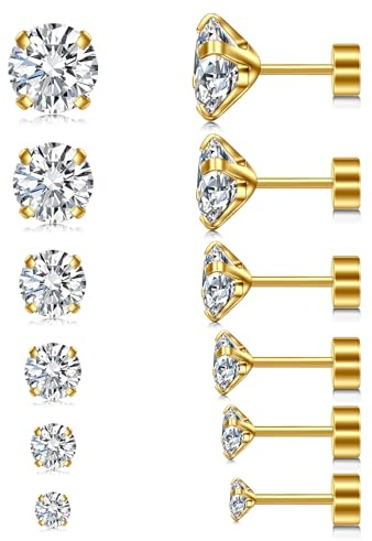 LAURITAMI 6 pièces Set Boucles d'oreilles 3-8mm zirconium inséré Or,20G Acier chirurgical piercing helix tragus médicales cartilage pour femmes et hommes Piercings multiples Bijoux