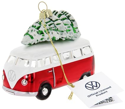 BRISA VW Collection - T1 Bulli Bus Weihnachtsschmuck Dekoration | Volkswagen Weihnachtsbaum Ornament Christbaum Kugel, Glänzend Handbemalt Miniatur Geschenkbox, Glas, Rot mit Baum