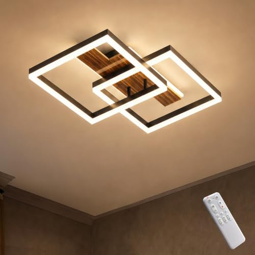 Meloweel LED Deckenleuchte Holz dimmbar, Massivholz schwarz Vintage Deckenlampe, 48W 50cm 4000lm 3000-6000K mit Fernbedienung, Schlafzimmerlampe Wohnzimmerlampe, Memory-Funktion, 5W Nachtlicht