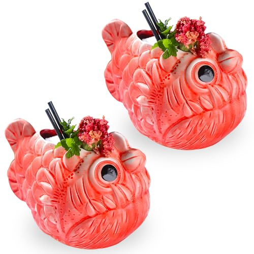 Prefdo Keramikbecher Weird Fish, Tiki-Becher, 650 ml, 2 Stück