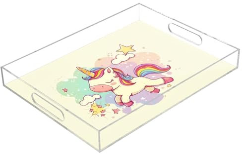 Cute Unicorn Horse Acrylic Serving Trays, Clear Rectangular Tray with Handles Serving Platter for Coffee Table Kitchen Bathroom
