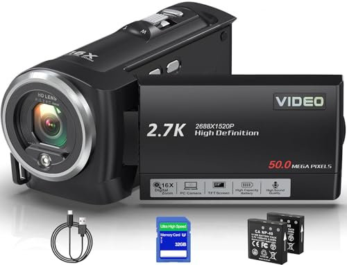 Muitune QHD 2.7K 50MP 16X Zoom Digital Vlogging Camera with LED Fill Light for Youtube, 2.8 Inch 270 Degree Rotation LCD Camcorder with 32GB SD Card and Two Batteries