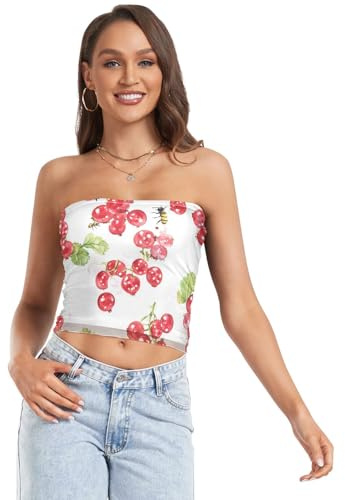 Camiseta corta sexy para mujer con grosella roja, color blanco, con malla, camiseta de tubo básica para adolescentes y niñas, gimnasio, Grosella roja blanca frutal, M